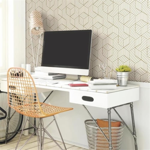 RoomMates® Decor White & Gold Stripped Hexagon Peel & Stick Wallpaper Perspective: front