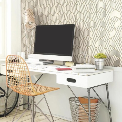 RoomMates® Decor White & Gold Stripped Hexagon Peel & Stick Wallpaper Perspective: front