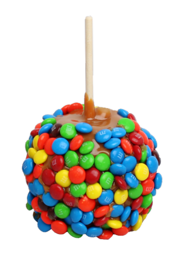 Affy Tapple Gormet M & M Cello-Wrapped Candy Apple Perspective: front