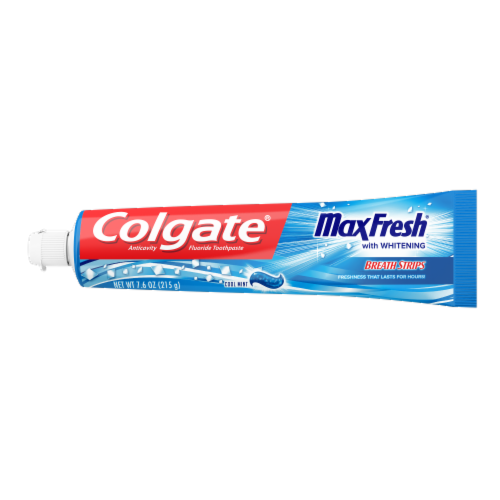 Colgate MaxFresh Cool Mint Fluoride Toothpaste with Whitening Breath Strips Perspective: front