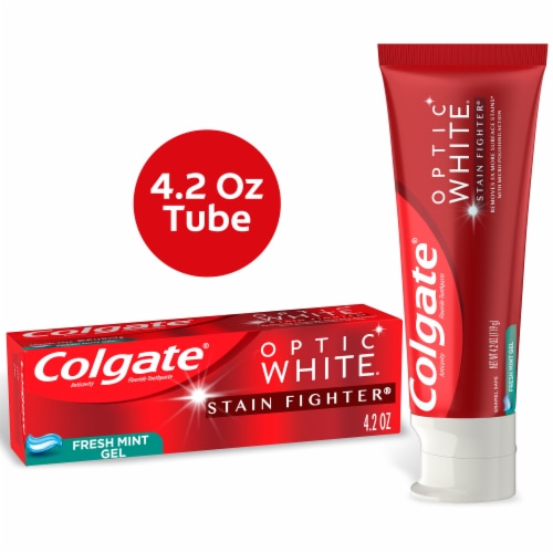 Colgate Optic White Stain Fighter Teeth Whitening Toothpaste in Fresh Mint Perspective: front
