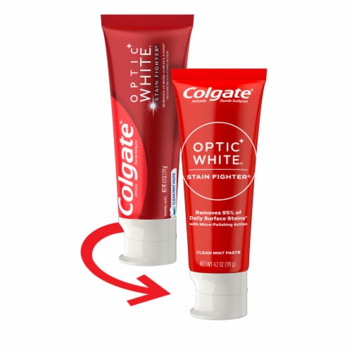 Colgate Optic White Stain Fighter Teeth Whitening Toothpaste in Clean Mint Paste Perspective: front