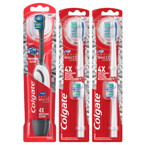 Colgate 360 Optic White Platinum Battery Powered Soft Toothbrush with Replacement Brush Heads Perspective: front