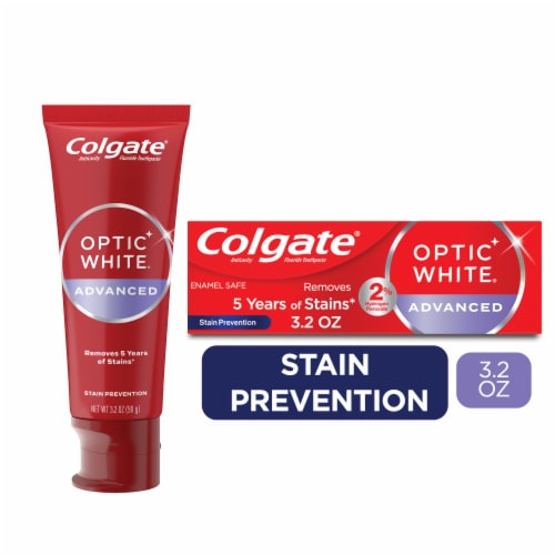 Colgate Optic White Advanced Teeth Whitening Toothpaste Stain Prevention Perspective: front
