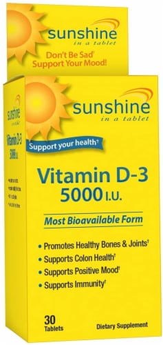 Sunshine Vitamin D-3 5,000 IU, Healthy and Strong Bones, 30 servings Perspective: front