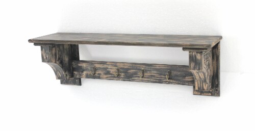 Vintage Black Wooden Wall Shelf with 4 Metal Hooks Perspective: front