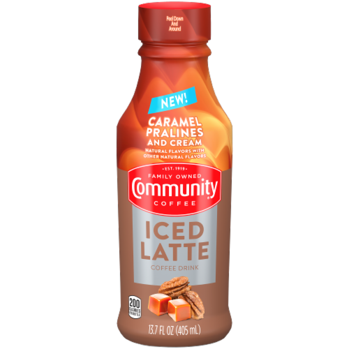 Community Coffee® Caramel Pralines and Cream Latte Iced Coffee Bottle Perspective: front