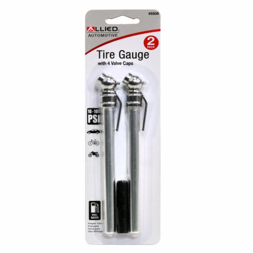 Allied™ Automoative Tire Gauge with 4 Valve Caps Perspective: front