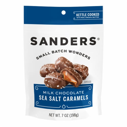 Sanders® Milk Chocolate Sea Salt Caramels Bag Perspective: front