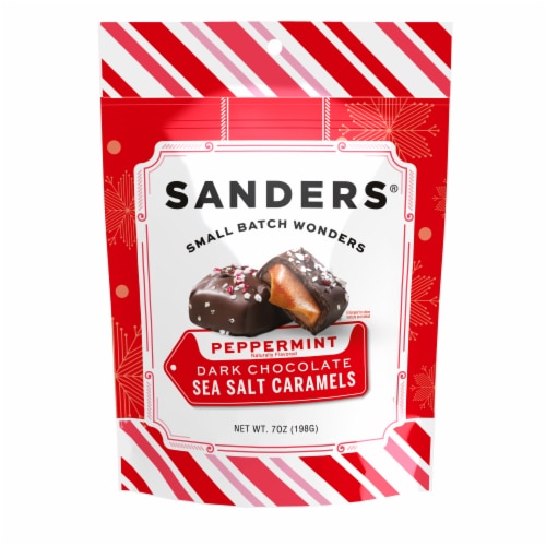Sanders® Holiday Dark Chocolate Peppermint Sea Salt Caramels Candy Bag Perspective: front
