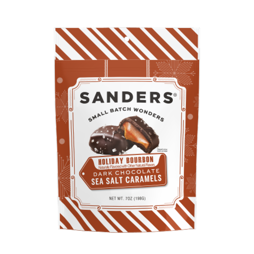 Sanders® Small Batch Wonders Holiday Bourbon Dark Chocolate Sea Salt Caramels Candy Bag Perspective: front