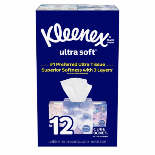 Kleenex Ultra Soft Facial Tissue, 3-ply, 85-count, 12-pack Perspective: front