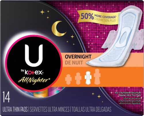 U by Kotex AllNighter Ultra Thin Overnight Unscented Pads with Wings Perspective: front