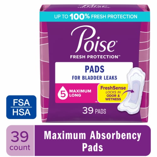 Poise Incontinence Pads for Women & Postpartum Incontinence Pads 5 Drop Maximum Long Length Pads Perspective: front