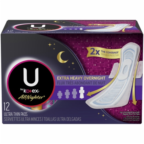 U by Kotex AllNighter Ultra Thin Extra Heavy Flow Unscented Overnight Pads  with Wings, 12 ct - City Market