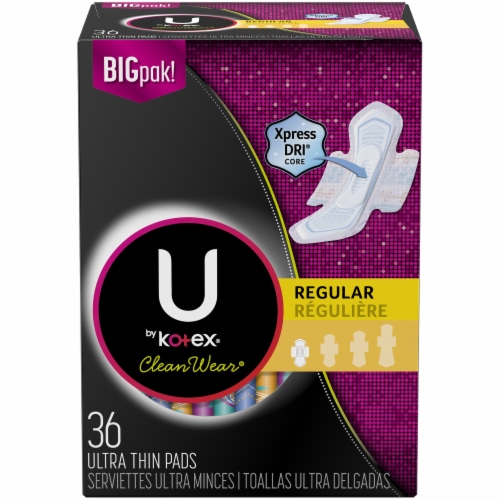 U by Kotex CleanWear Regular Ultra Thin Pads with Wings, 36 ct - Ralphs