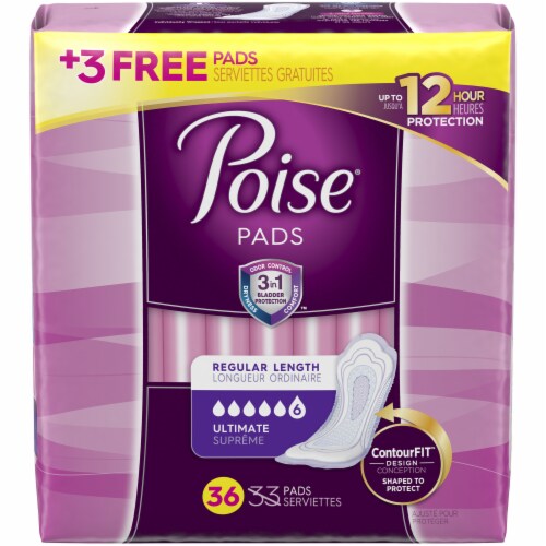 Poise Ultimate Absorbency Regular Length Incontinence Pads, 36 ct