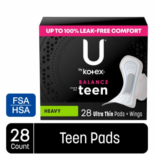 U by Kotex Ultra Thin Pads, Balance Sized for Teens with Wings, Heavy Absorbency Perspective: front