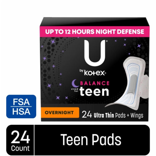 U by Kotex Balance Sized for Teens Ultra Thin Overnight Pads with Wings Overnight Absorbency Perspective: front