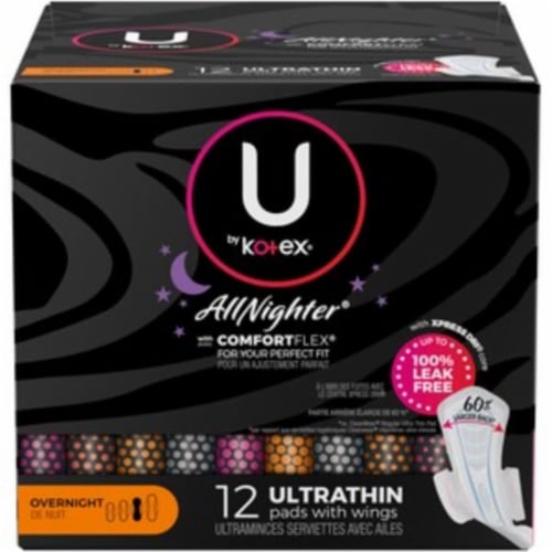 U by Kotex AllNighter Ultra Thin Overnight Pads with Wings, 12 ct