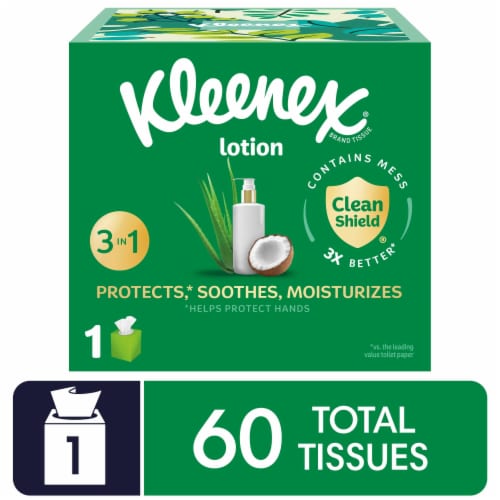 Kleenex Soothing Lotion Coconut Oil Aloe & Vitamin E Facial Tissues Cube Box Perspective: front