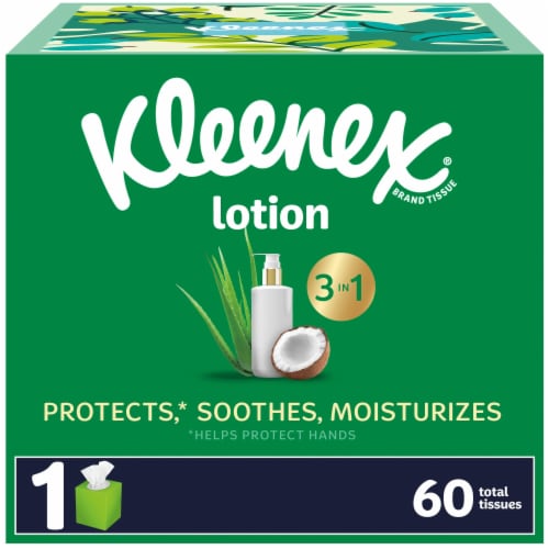 Kleenex Soothing Lotion Coconut Oil Aloe & Vitamin E Facial Tissues Cube Box Perspective: front