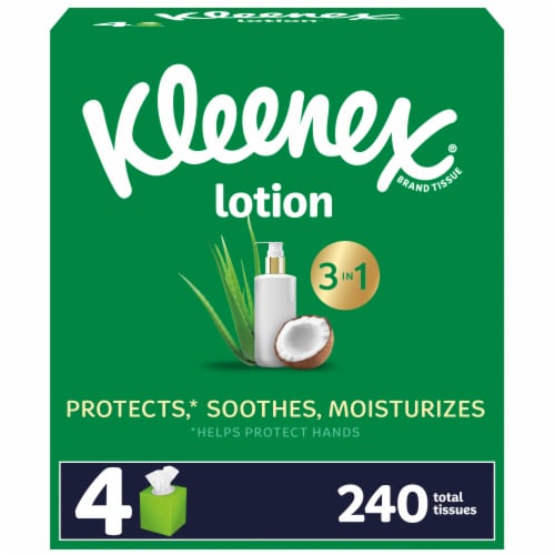 Kleenex Soothing Lotion Facial Tissues with Coconut Oil Aloe & Vitamin E Cube Box Perspective: front