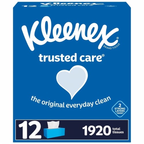 Kleenex Trusted Care 2-ply Facial Tissues, Flat Boxes (160 Tissue/Box, 12 Boxes) Perspective: front