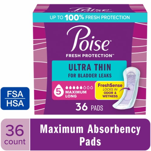 Poise Ultra Thin Incontinence Pads for Women 5 Drop Maximum Absorbency Regular Length Pads Perspective: front