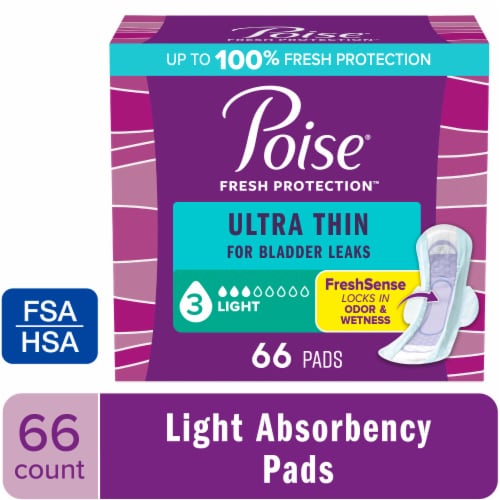 Poise Ultra Thin Incontinence Pads for Women 3 Drop Light Absorbency  Regular Length Winged Pads, 66 ct - Kroger