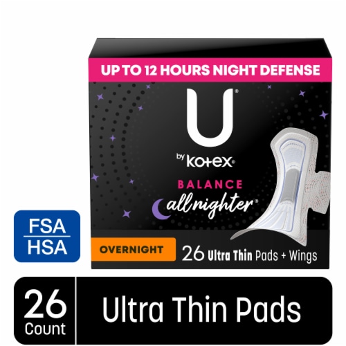 U by Kotex Balance Ultra Thin Overnight Pads with Wings Overnight Absorbency Perspective: front
