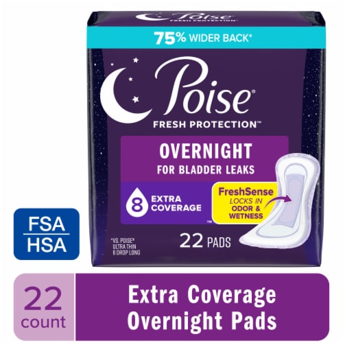 Poise Incontinence Pads & Postpartum 8 Drop Overnight Extra-Coverage Length Pads Perspective: front