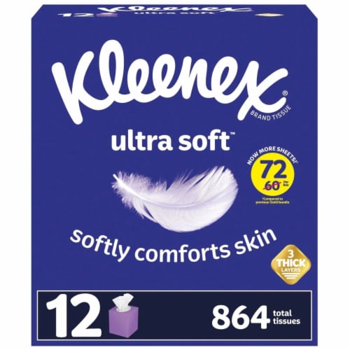 Kleenex Ultra Soft 3-Ply Facial Tissues, Cube Boxes (72 Tissues/Box, 12 Boxes) Perspective: front