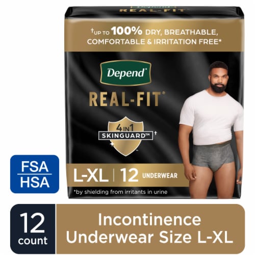Depend Real Fit Incontinence Disposable Maximum Large/Extra-Large Black and Grey Underwear for Men Perspective: front