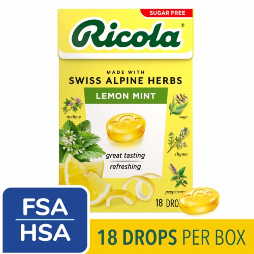 Ricola Box Lemon Mint, Sugar Free Naturally Refreshing Throat Relief, 18 Count Perspective: front