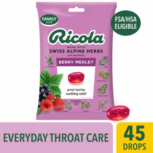 Ricola Oral Anasthetic Throat Drops and Sore Throat Relief Berry Medley Perspective: front