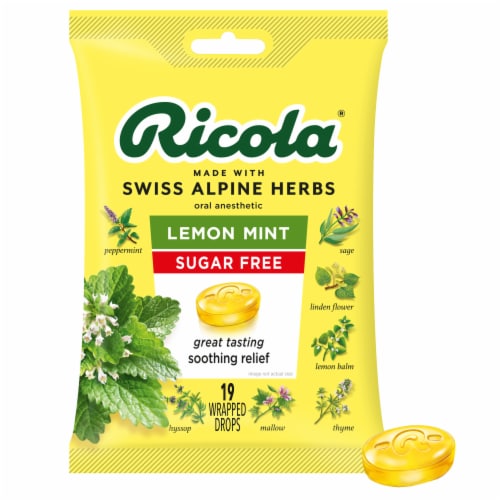 Ricola Oral Anesthetic Throat Drops and Sore Throat Relief Sugar Free Lemon Mint Perspective: front
