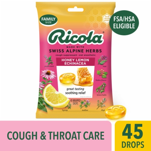 Ricola Cough Suppressant Throat Drops and Sore Throat Relief Honey Lemon with Echinacea Perspective: front