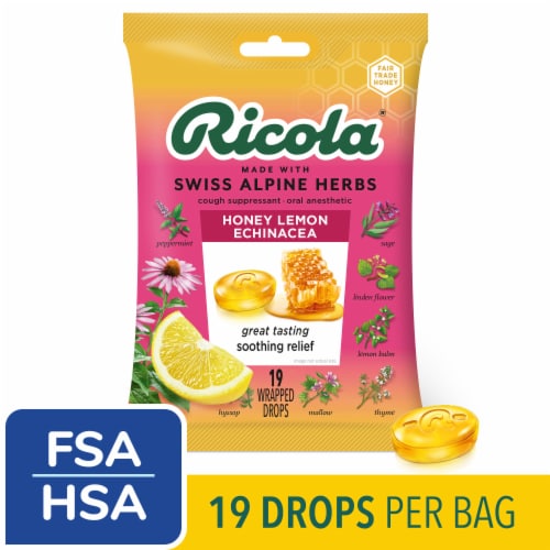 Ricola Cough Suppressant Throat Drops and Sore Throat Relief Honey Lemon with Echinacea Perspective: front