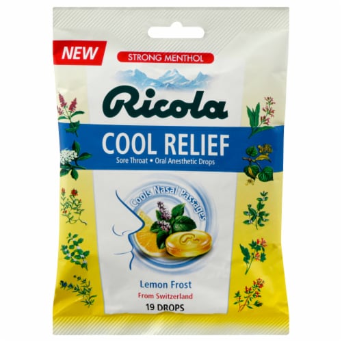 Ricola Cool Relief Lemon Frost Oral Anesthetic Drops Perspective: front