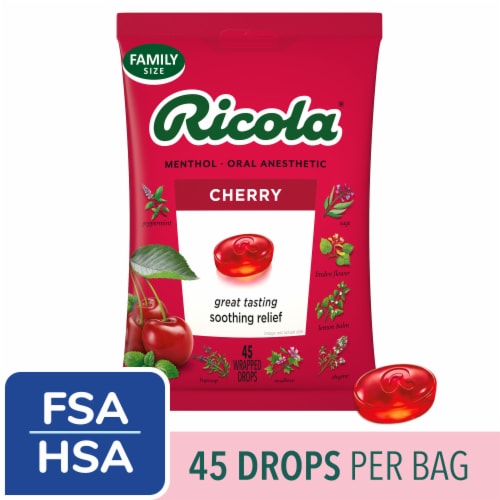 Ricola Oral Anasthetic Throat Drops and Sore Throat Relief Cherry Menthol Perspective: front