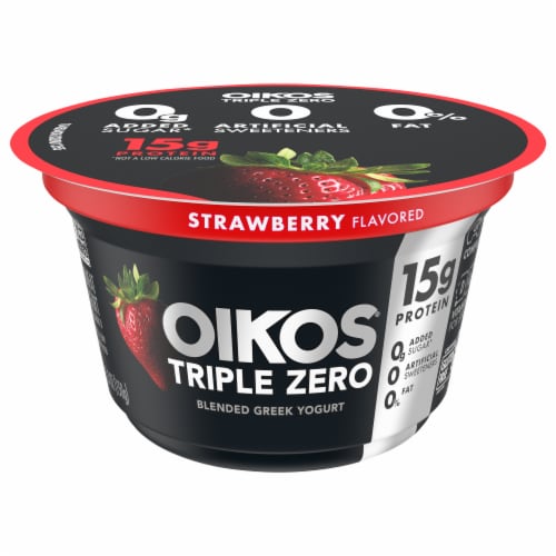 Oikos Triple Zero Strawberry Protein Nonfat Greek Yogurt Cup Perspective: front