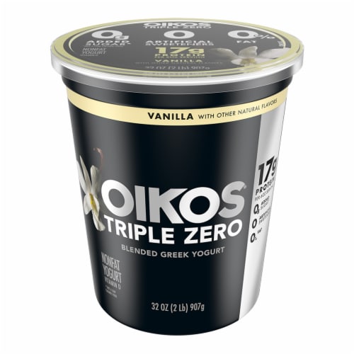 Oikos Triple Zero Vanilla Protein Nonfat Greek Yogurt Tub Perspective: front