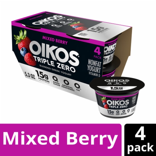 Oikos Triple Zero Mixed Berry Protein Nonfat Greek Yogurt Cups, 4