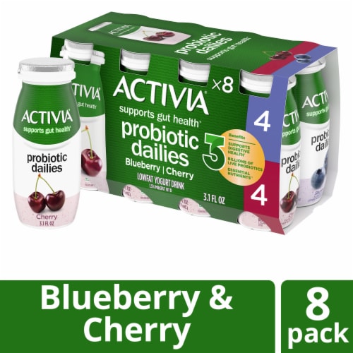 Activia Dailies Blueberry and Cherry Probiotic Low Fat Yogurt Drinks Perspective: front
