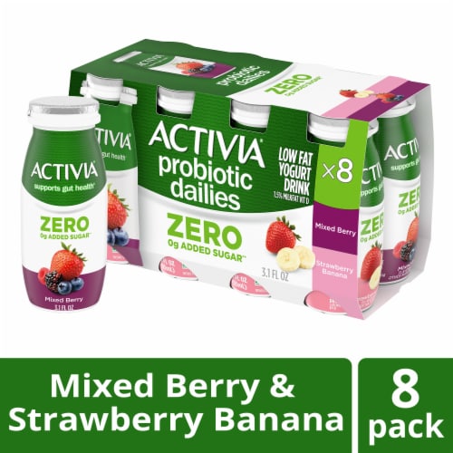 Activia®️ Mixed Berry/Strawberry Banana Probiotic Dailies Low Fat Yogurt Drink Perspective: front