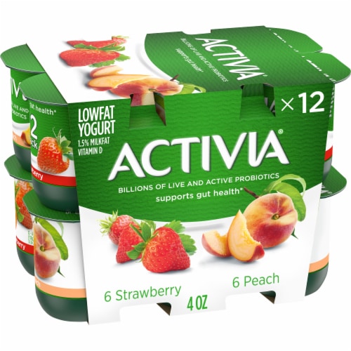 Activia Peach and Strawberry Probiotic Low Fat Yogurt Cups Perspective: front