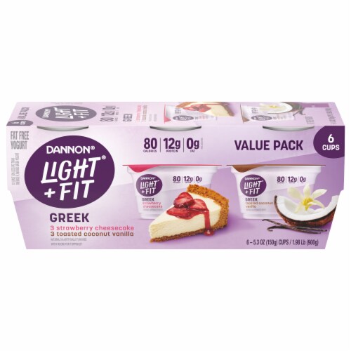 Light + Fit® Strawberry Cheesecake + Toasted Coconut Vanilla Nonfat Greek Yogurt Multipack Perspective: front