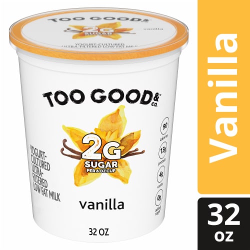 Too Good & Co. Vanilla Low Fat Lower Sugar Gluten Free Greek Yogurt Tub Perspective: front
