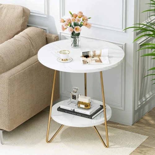 Tribesigns Marble End Table Gold 2 Tier Round Side Table 18.7 Inch Nightstand 8.7 Dia. x 21.65 H 48.5 Foods Co